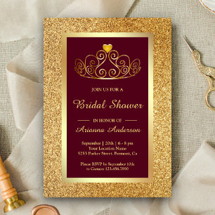 Convites Tiaras de Brilho Dourado Princesa Burgundy Chá de 