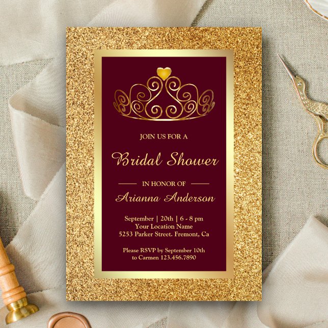 Convites Tiaras de Brilho Dourado Princesa Burgundy Chá de  (Criador carregado)