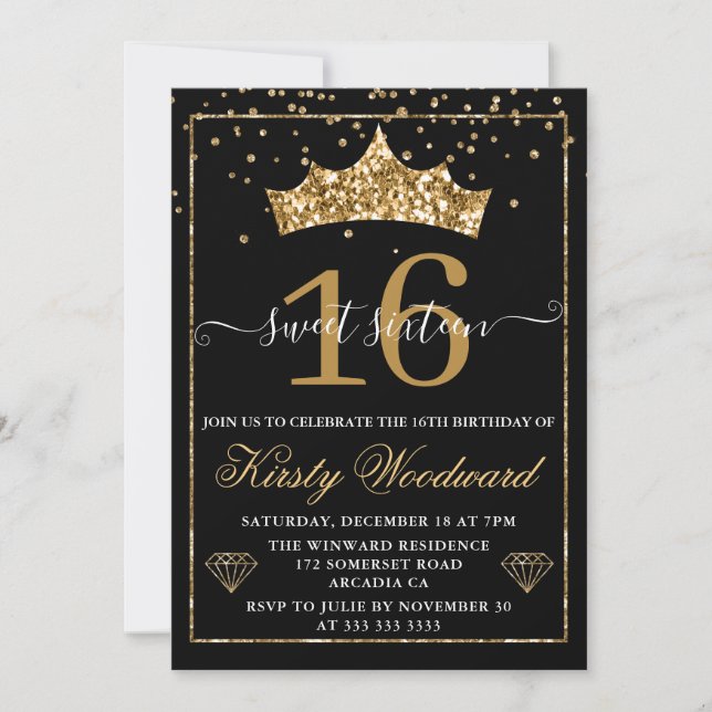 Convites Tiaras de Confetes de Diamante Dourado Sweet 16 (Frente)
