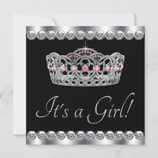 Convites Tiaras de Diamantes Prata Rosa Preto Chá de Bebê (Frente)