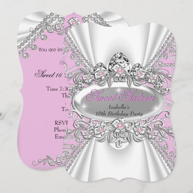 Convites Tiaras de Diamantes Rosa Princesa de Aniversário d (Frente/Verso)