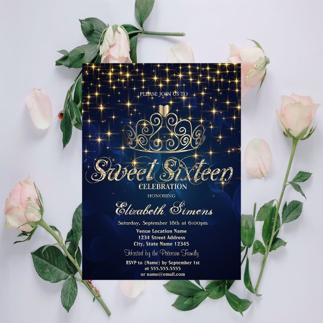 Convites Tiaras de Ouro Estrelas Princesa Azul Marinho Doce (Criador carregado)