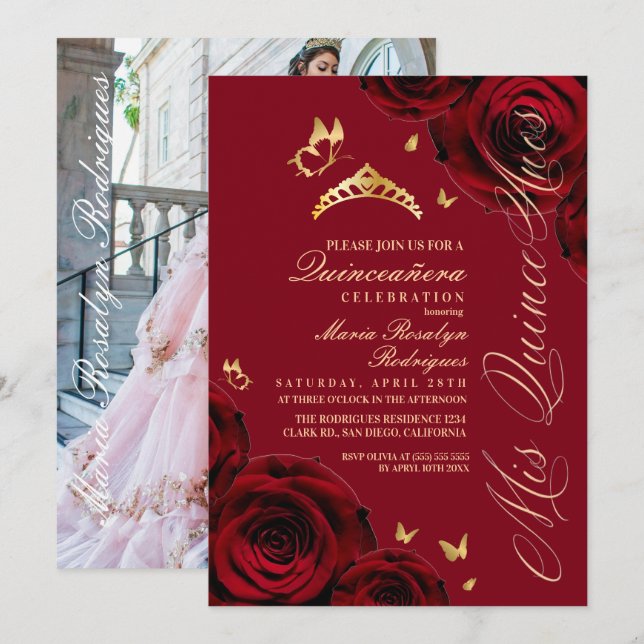 Convites Tiaras de Ouro Vermelho Royal Quinceanera (Frente/Verso)