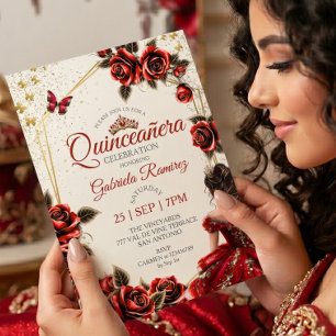 Convites Tiaras de Rosas Douradas Vermelhas Borboletas Quin