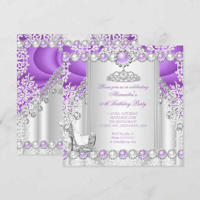 Convites Tiaras de Salto Alto Prata Roxo Pérola Aniversário (Frente/Verso)