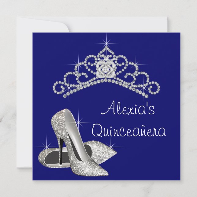 Convites Tiaras de Saltos Altos Azul Real Quinceanera (Frente)