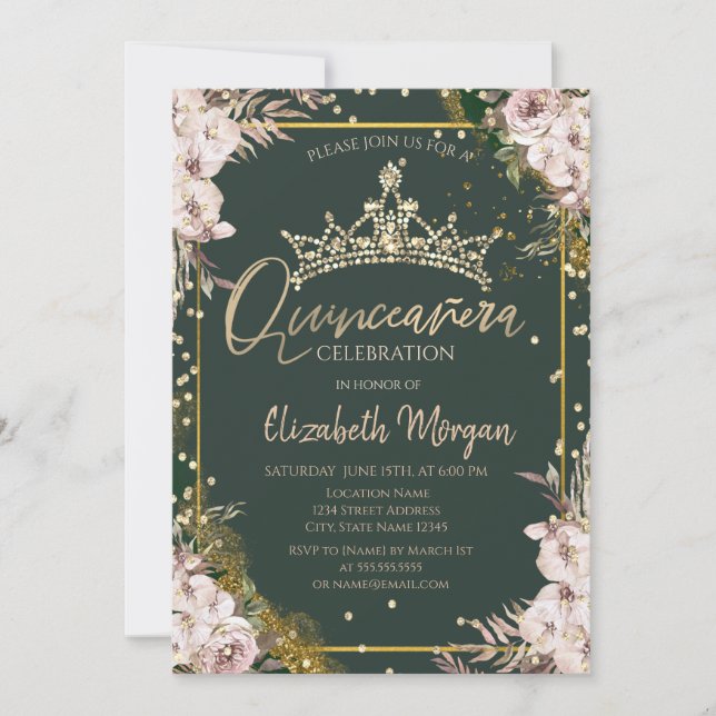 Convites Tiaras, Diamantes Boho Flores Verde Quinceañera  (Frente)