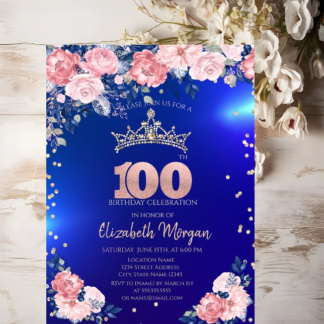 Convites Tiaras Douradas Diamantes Flores Azul 100º Anivers (Criador carregado)