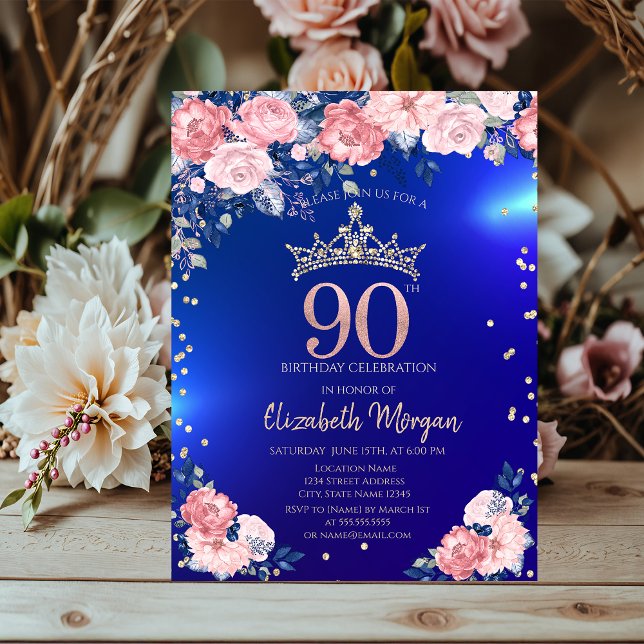 Convites Tiaras Douradas Diamantes Flores Azul 90º Aniversá (Criador carregado)