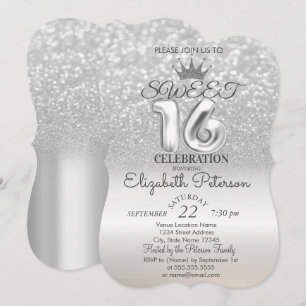 Convites Tiaras, Festa Sweet 16 Brilho em Prata Bokeh Ombre