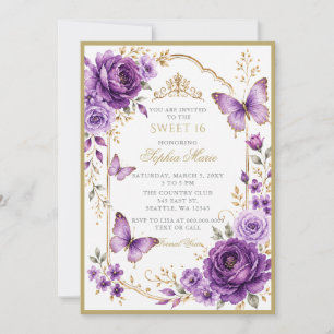 Convites Tiaras Florais Borboleta Roxo Dourado Sweet 16