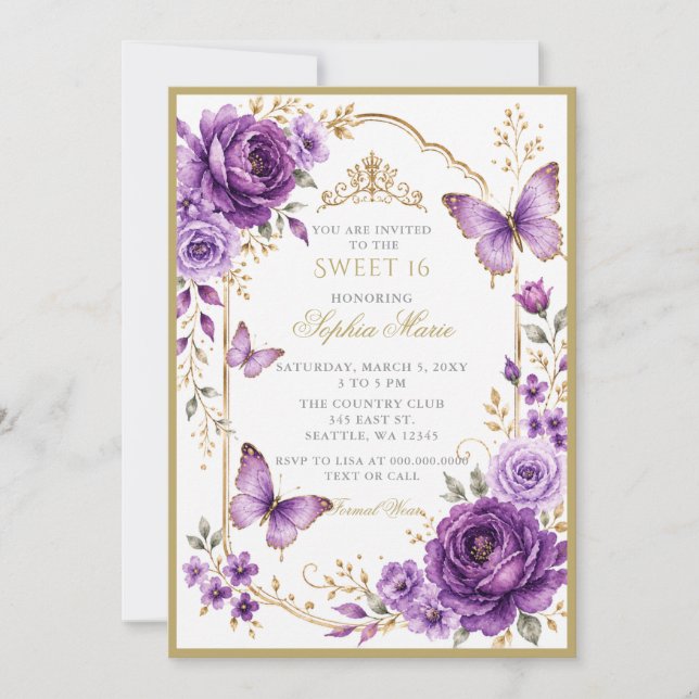 Convites Tiaras Florais Borboleta Roxo Dourado Sweet 16 (Frente)