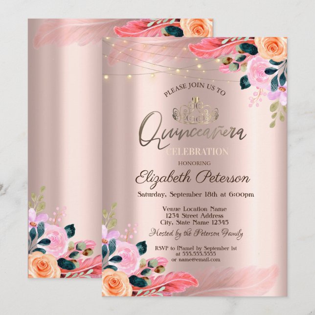 Convites Tiaras, Flores Rosa Dourada com Penas para Quincea (Frente/Verso)