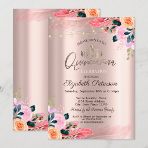 Convites Tiaras, Flores Rosa Dourada com Penas para Quincea
