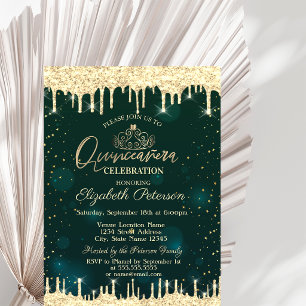 Convites Tiaras, Glitter Dourado Estrelas Verde Quinceañera
