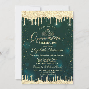 Convites Tiaras, Glitter Dourado Estrelas Verde Quinceañera