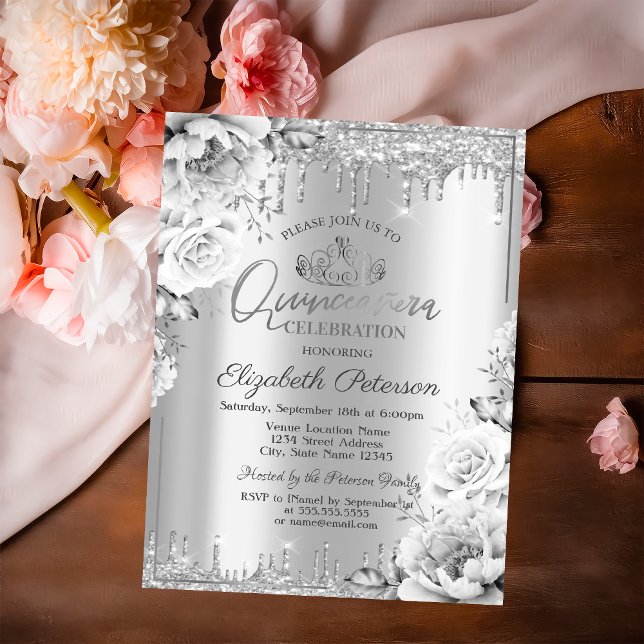 Convites Tiaras,Gotas de Brilho Prateado Flores Quinceañera (Criador carregado)