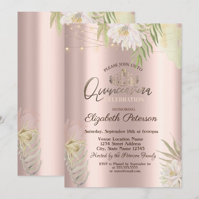Convites Tiaras,Luzes de Corda Flores Boho Quinceañera  (Frente/Verso)
