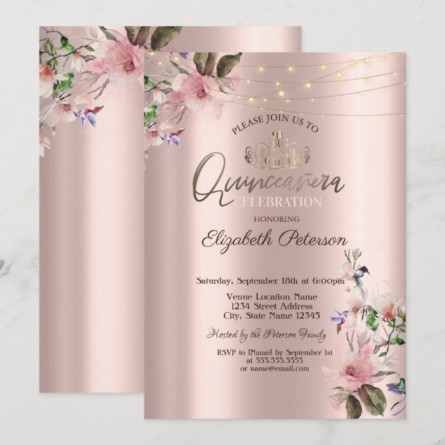 Convites Tiaras,Luzes de Corda Flores de Primavera Quinceañ (Frente/Verso)
