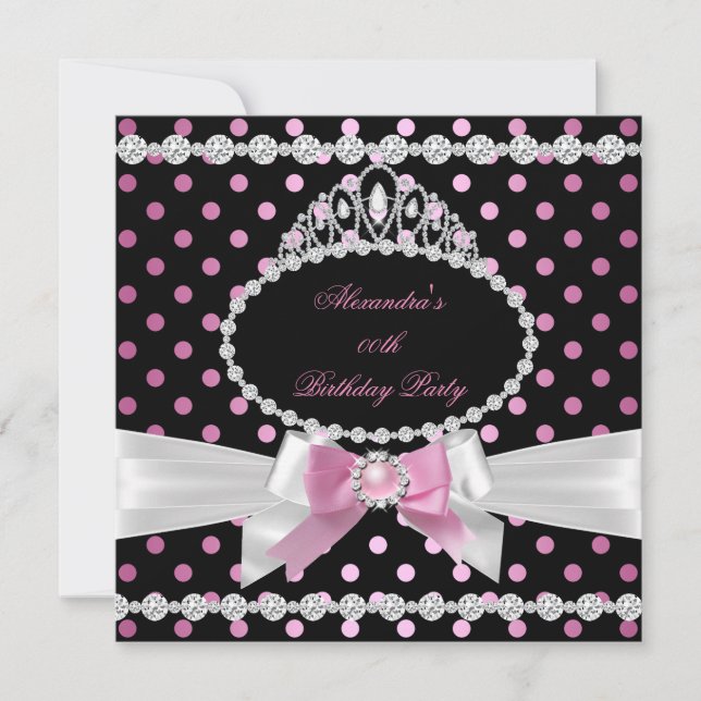 Convites Tiaras Preto Branco Pontos Pintados de Rosa Aniver (Frente)