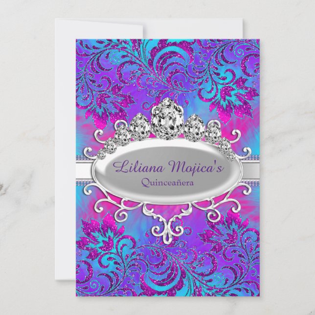 Convites Tiaro Azul Roxo & Floral Glitter Quinceanera (Frente)