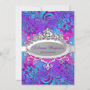 Convites Tiaro Azul Roxo & Floral Glitter Quinceanera