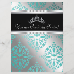 Convites Tiaro Azul Teal Preto Damasko Quinceanera
