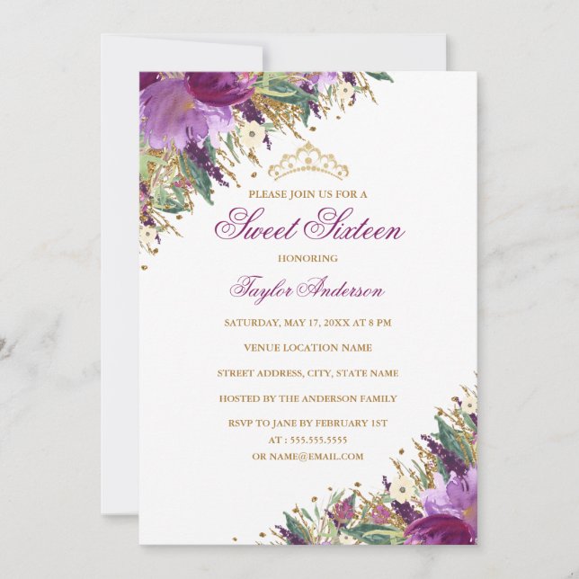 Convites Tiaro Brilhante Floral Roxo de Ámbar Doce Dezessei (Frente)