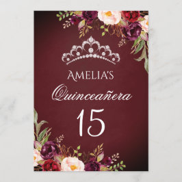 Convites Tiaro Brilhante Prata Burgundy Floral Quinceanera