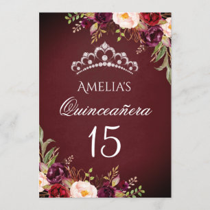 Convites Tiaro Brilhante Prata Burgundy Floral Quinceanera
