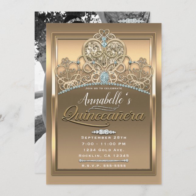 Convites Tiaro Coração de Princesa Glamour Dourado Foto Qui (Frente/Verso)