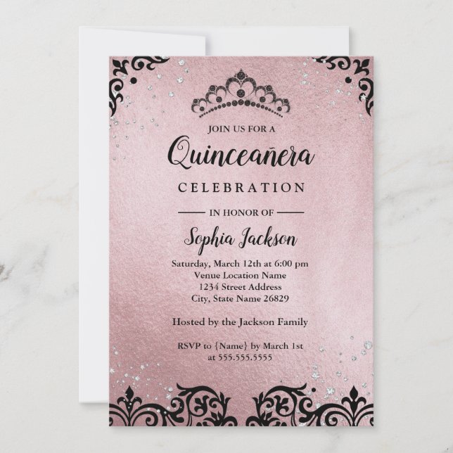 Convites Tiaro Damasco Rose Gold Quinceanera (Frente)