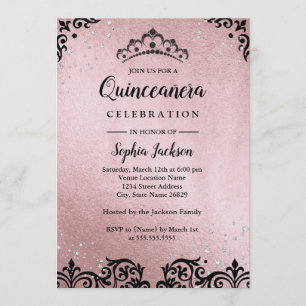 Convites Tiaro Damasco Rose Gold Quinceanera