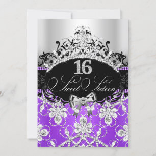 Convites Tiaro de Aniversário Sweet 16 Roxo Prata Brilhante