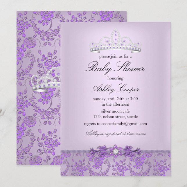 Convites Tiaro de Baby Shower da Princesa Roxa (Frente/Verso)