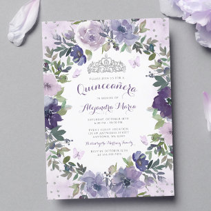 Convites Tiaro de Borboleta Floral Roxa Prata Quinceanera