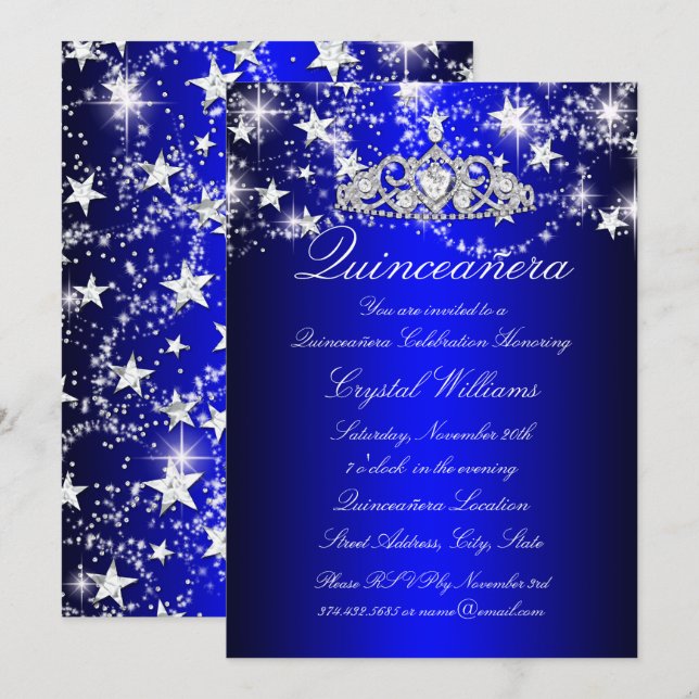 Convites Tiaro de Brilho Azul & Estrelas Quinceanera (Frente/Verso)