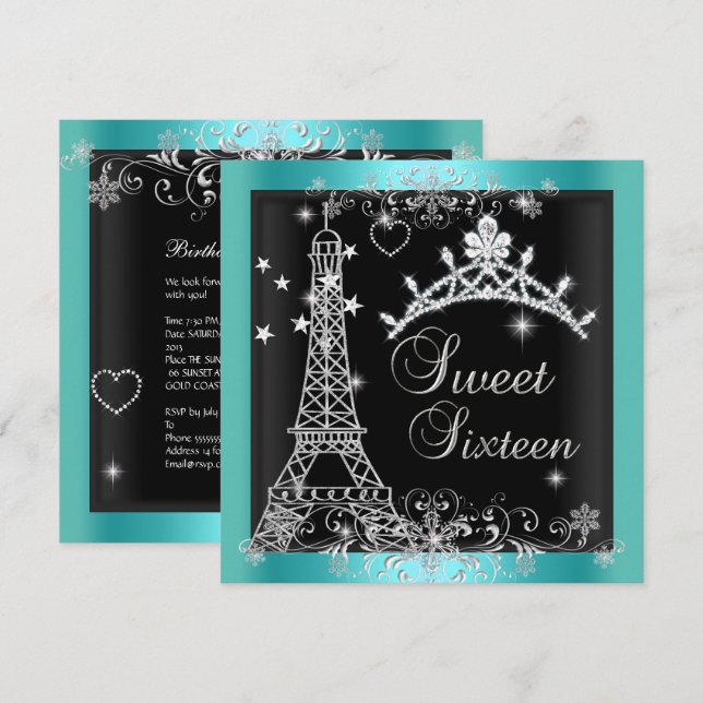 Convites Tiaro de Brilho Azul Teal Doce 16 Torre Eiffel 2 (Frente/Verso)