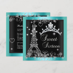 Convites Tiaro de Brilho Azul Teal Doce 16 Torre Eiffel 2