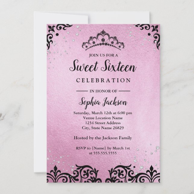 Convites Tiaro de Brilho Rosa Damask Sweet Sixteen (Frente)