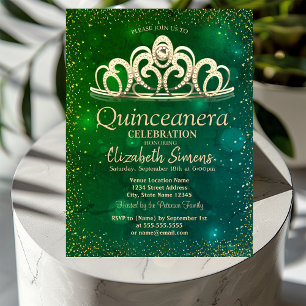 Convites Tiaro de Confete Dourado Aquarela Verde Quinceañer