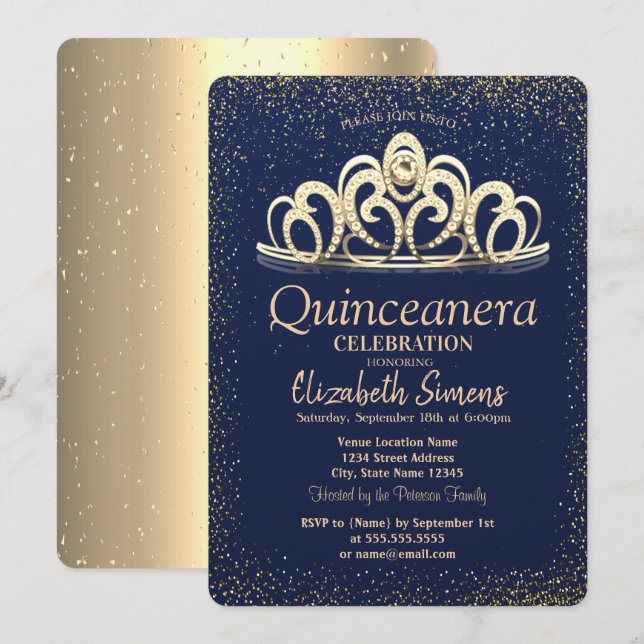 Convites Tiaro de Confete Dourado Azul Marinho Quinceañera (Frente/Verso)