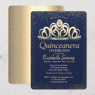 Convites Tiaro de Confete Dourado Azul Marinho Quinceañera