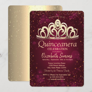 Convites Tiaro de Confete Dourado Chic Burgundy Quinceañera