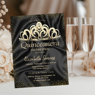 Convites Tiaro de Confete Dourado Chic em Seda Preta Quince