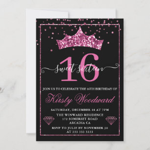 Convites Tiaro de Confetes de Diamante Rosa Sweet 16
