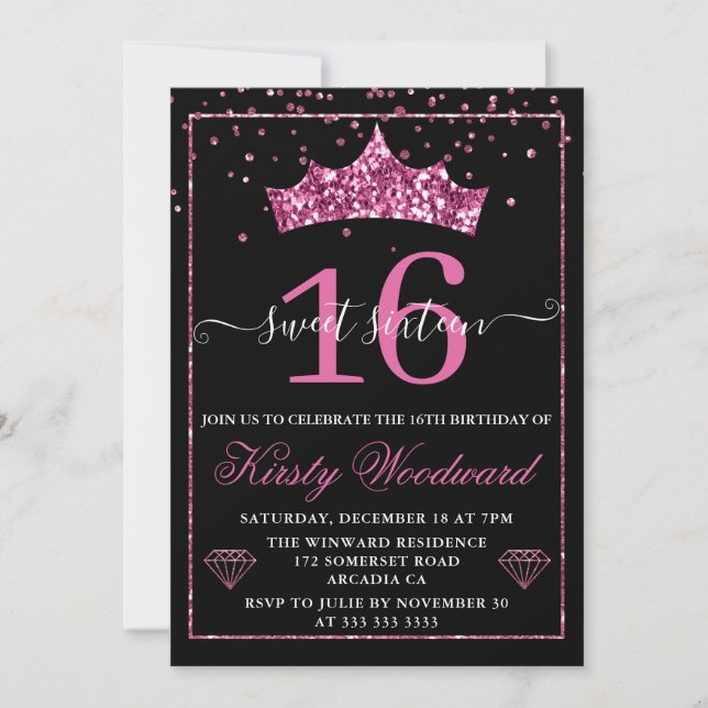 Convites Tiaro de Confetes de Diamante Rosa Sweet 16 (Frente)