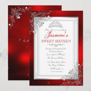 Convites Tiaro de Damasco Prateado Vermelho Aniversário de 