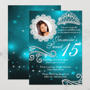 Convites Tiaro de Diamante Brilho Azul Foto Quinceanera