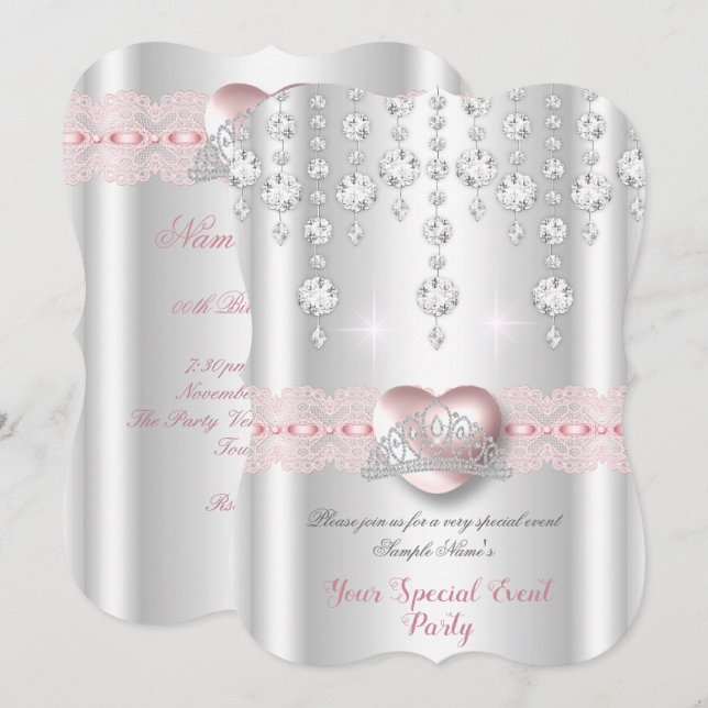 Convites Tiaro de Diamante com Coração de Prata Rosa Bonito (Frente/Verso)